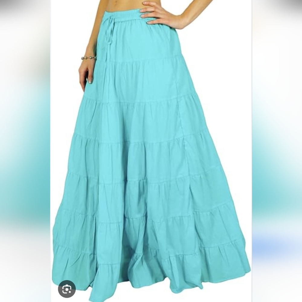 Bohemian Blue 100% Cotton Long Flared Shirred Skirt Size L